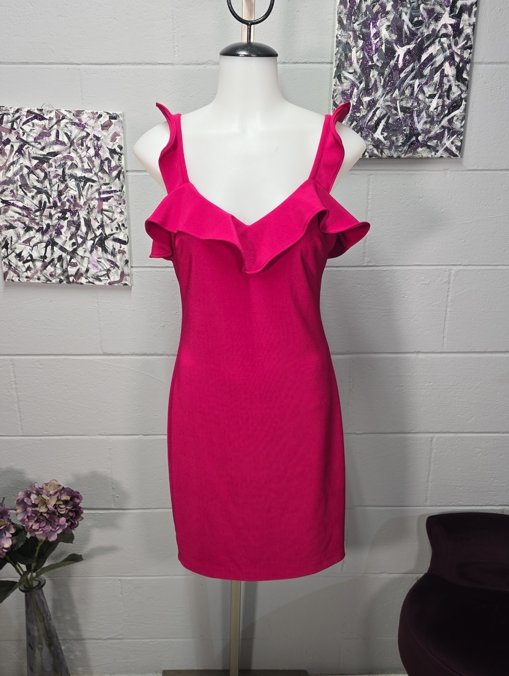 Vintage Guess Hot Pink Ruffle V-Neck Mini Dress
